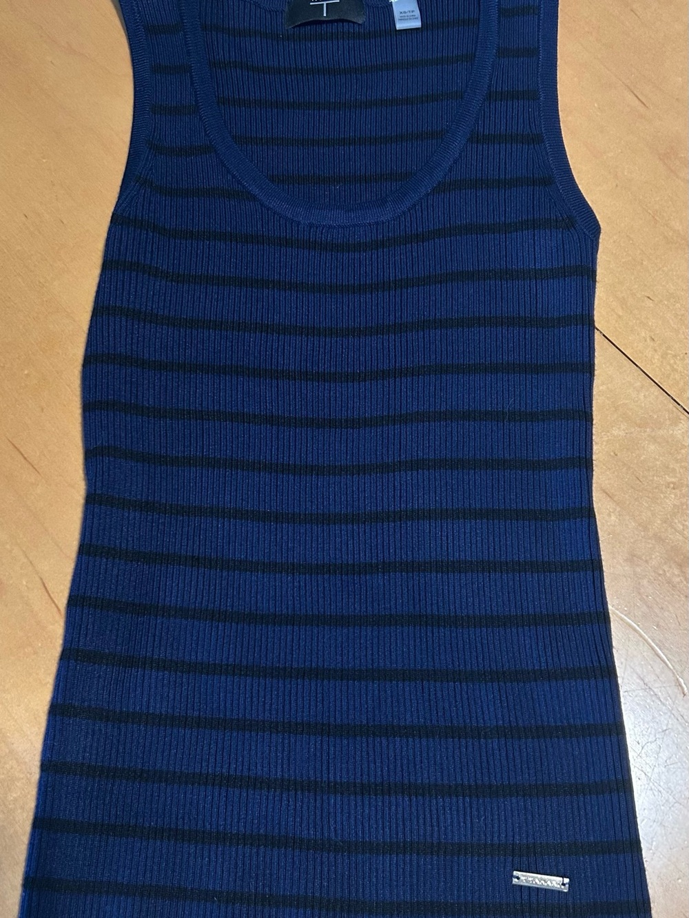 Tahari Navy and Black Ribbed Striped Tank